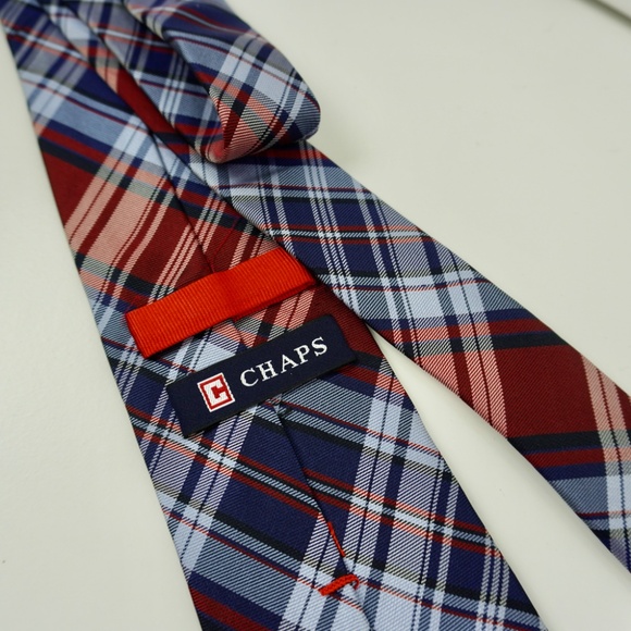 Chaps Mens Tie 100% Silk Plaid Blue Red Classic Preppy - Picture 3 of 6